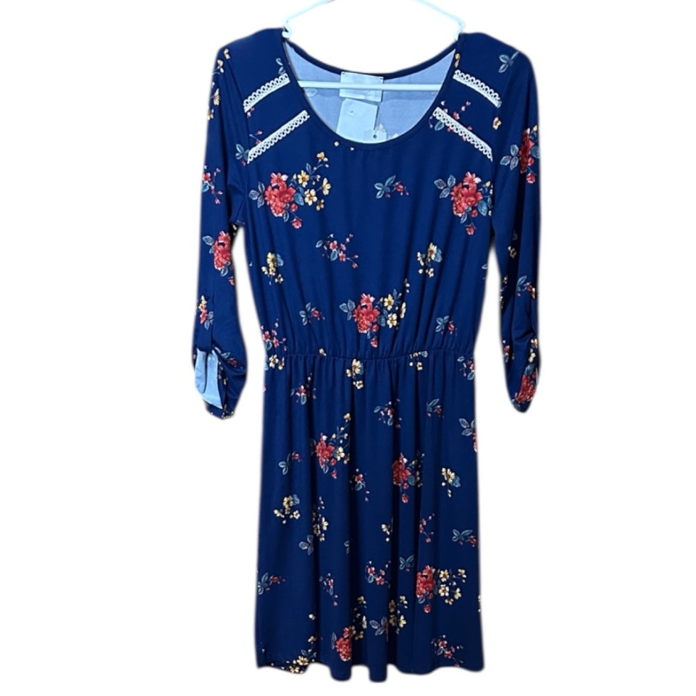 French Grey Navy Floral Dress 3/4 Peasant Sleeve